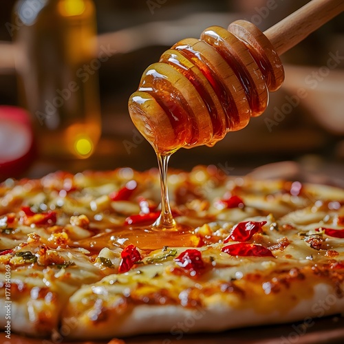 Hot honey drizzling on spicy pizza, gourmet fusion food with chili peppers, cheese and sweet golden syrup