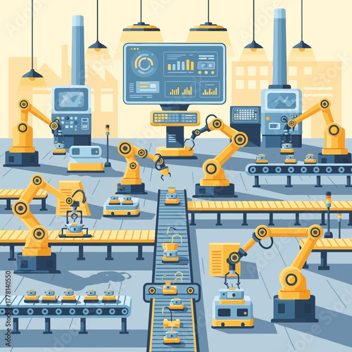 Automated Factory Production Line with Robotic Arms.