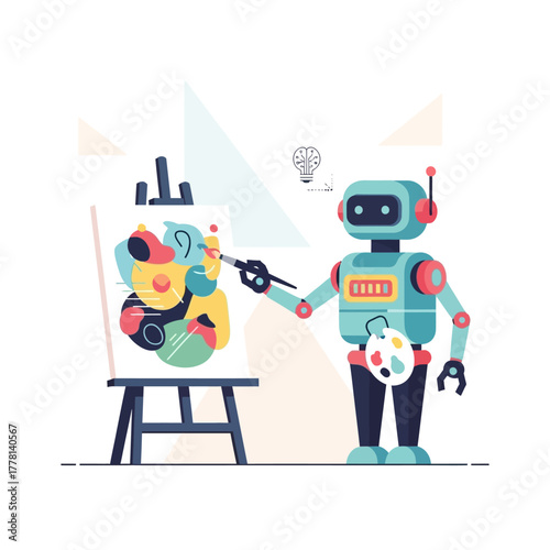 Robot artist creating abstract painting on canvas.