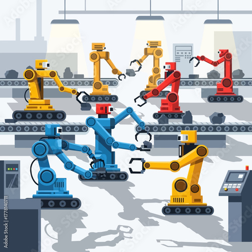 Automated robotic assembly line in factory.