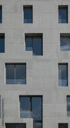 Building facade features an irregular pattern of recessed windows set into rough concrete panels