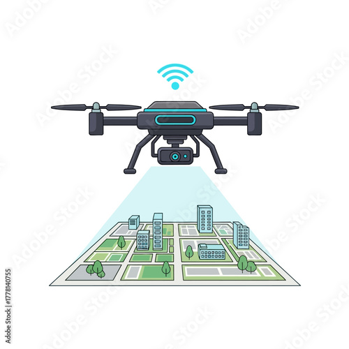 Drone surveying city with wireless technology.