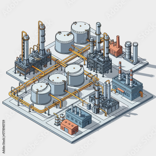 Isometric Oil Refinery Plant Illustration Design.