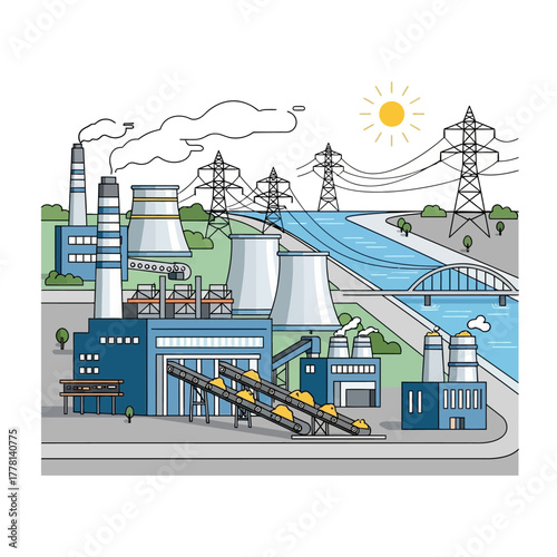 Industrial Power Plant Illustration with River and Sun.
