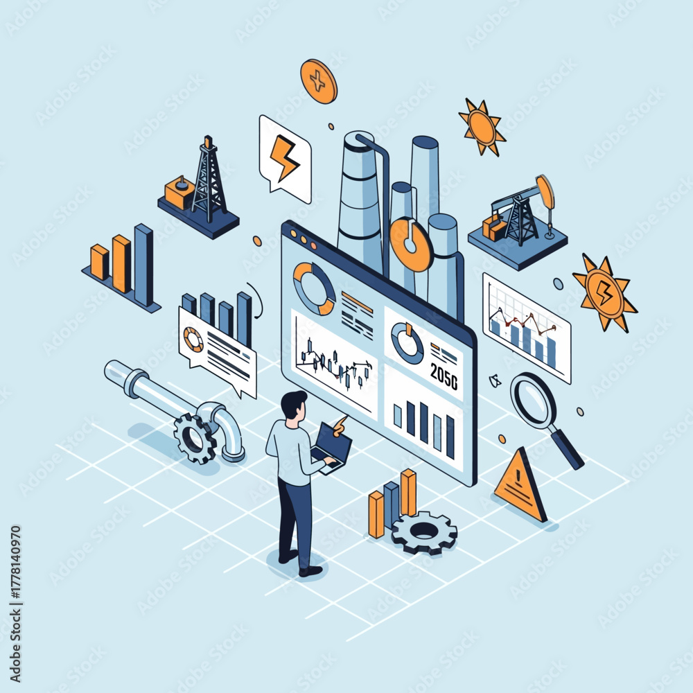 Obraz premium Isometric Oil and Gas Industry Data Analysis.