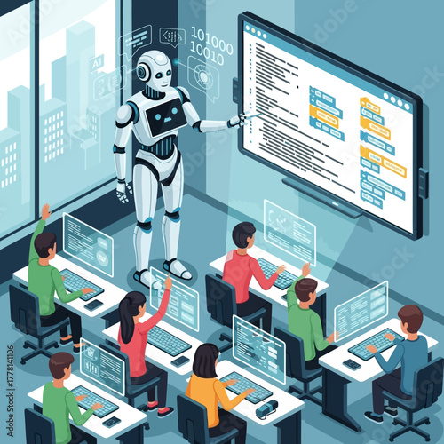 Robot Teaching Programming to Students in Classroom.