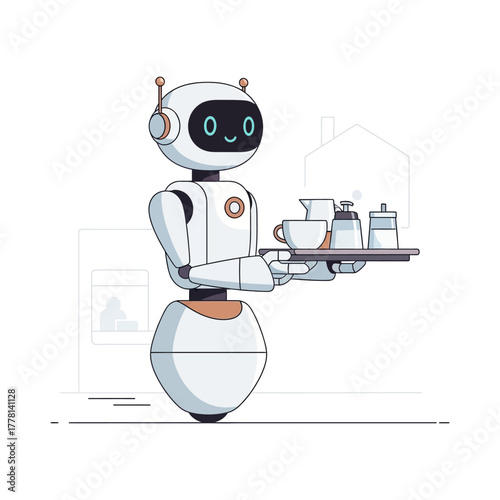 Robot waiter serving drinks with tray.