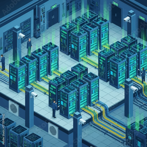 Isometric Data Center Server Room Illustration.
