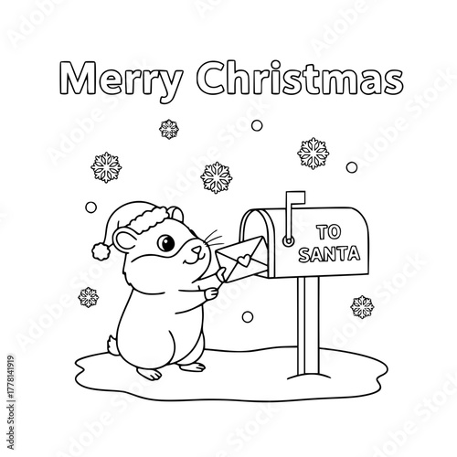 Hamster sending letter to Santa by mailbox with “Merry Christmas,” coloring book page for toddlers Generative AI