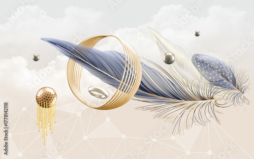 Fototapeta Elegant abstract composition with feathers, golden rings, and floating orbs agai