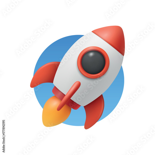 Vector 3d Red and White Rocket Launch Icon. Rocket Startup Badge in Blue Circle. Rocket Ship with Flame for Startup, Product Launch, Space, Mission, Web and Mobile Design