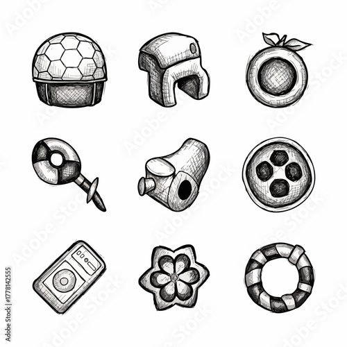 Collection of nine sketched icons representing diverse objects and symbols for user interface design and concept illustration