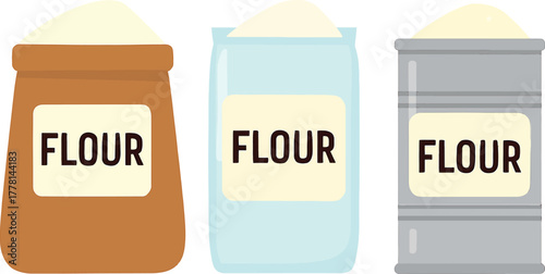 Cartoon Illustration of Different Flour Containers with Clear Labeling Ideal for Baking Tutorials or Food Blogs