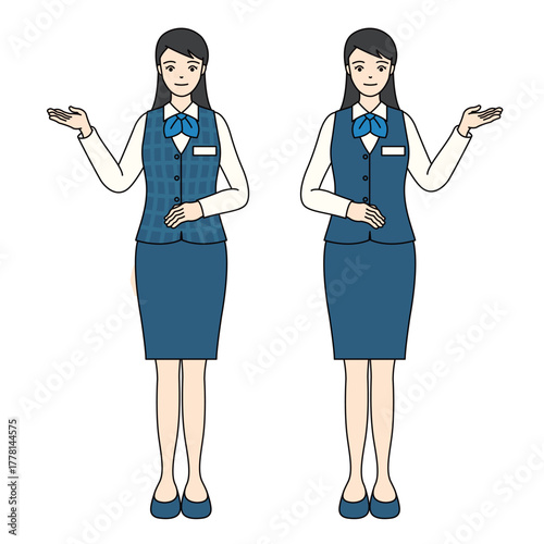 Full-body illustration of a smiling business woman in a uniform pointing or guiding