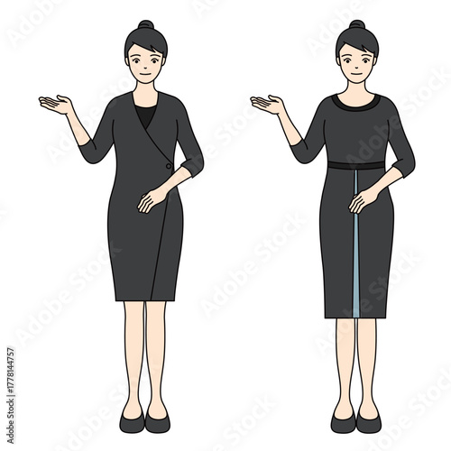 Full-body illustration of a smiling woman in black mourning dress pointing or guiding