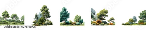 Collection of miniature trees and plants for diorama or model landscaping.