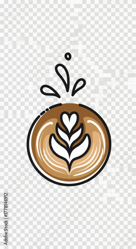 Coffee with latte art and splashes of liquid.