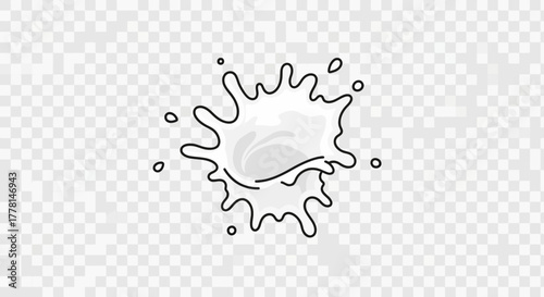 White liquid splash with black outline and small droplets.