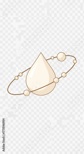 A drop with orbiting spheres and a thin line.