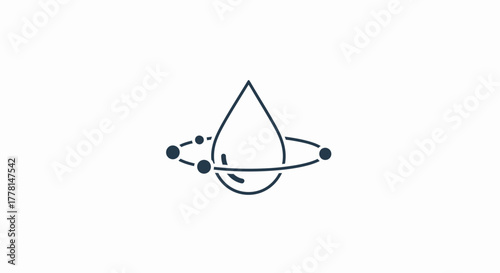 A dark blue drop with orbiting dots and lines.