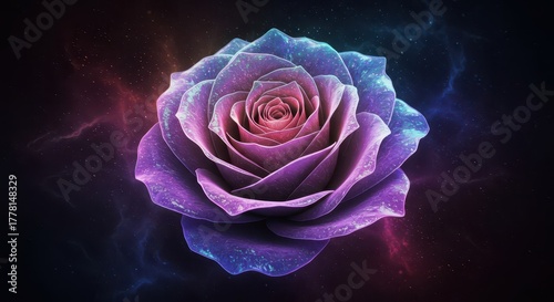 Luminous multicolored flower blooms against a deep space nebula background