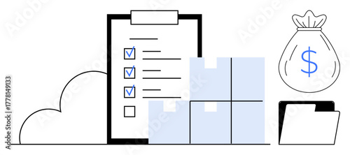 Checklist with marked tasks, stacked boxes, money bag, folder, and cloud. Ideal for logistics, inventory, finance organization project management goal setting and productivity. Simple flat