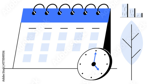 Desk calendar with spiral binding and clock indicating time management. Bar chart and abstract leaf represent planning, efficiency, growth, and environmental awareness. Ideal for productivity
