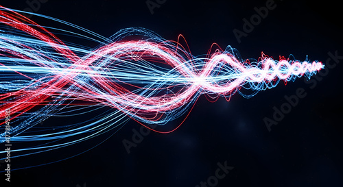 Dynamic red and blue light trails flowing across a dark backdrop create a modern high-tech aesthetic