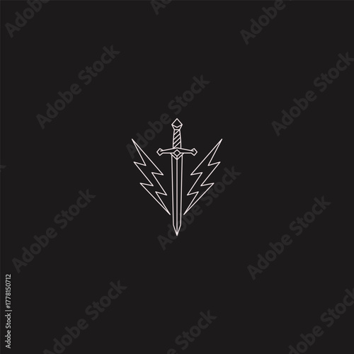 Sword and lightning line art sharp strike with energy logo concept.