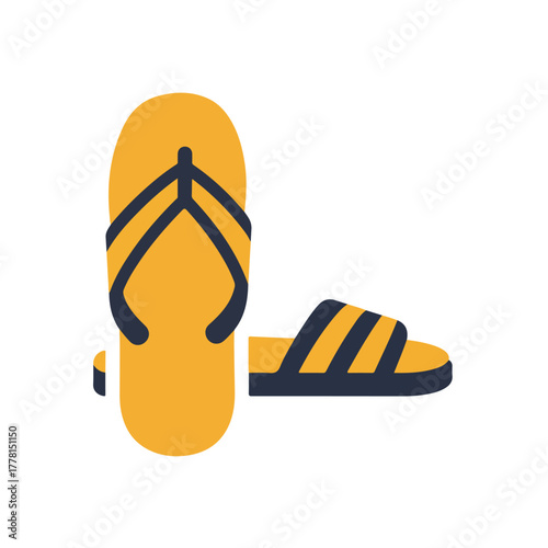 Pair of yellow and dark blue summer sandals perfect for vacation and beach outings. Bright, stylish footwear for warm weather.