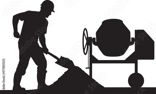 Construction worker with shovel and cement mixer silhouette