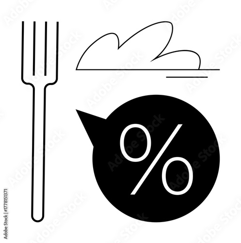 Fork alongside cloud and bold percentage sign within speech bubble. Ideal for dining savings, food deals, sales, promotions, marketing, customer loyalty, meal planning. Simple flat metaphor