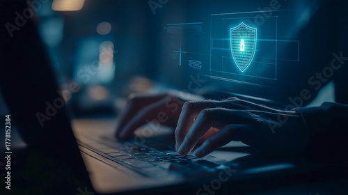 Hands typing on laptop with glowing blue holographic security shield, symbolizing cybersecurity and data protection in digital environment