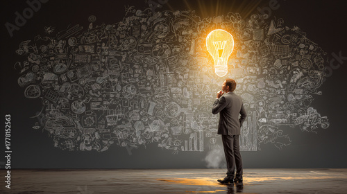 Businessman in suit stands thoughtfully in front of large wall filled with hand drawn sketches, illuminated by glowing light bulb symbolizing creativity and innovation