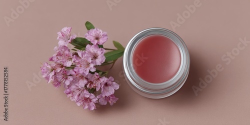 Small jar of pink lip balm sits on a table next to a bunch of pink flowers