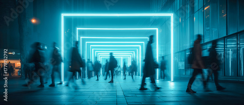 Futuristic urban scene with silhouettes of people walking through glowing blue neon frames, creating dynamic and modern atmosphere. blurred motion adds sense of speed and energy