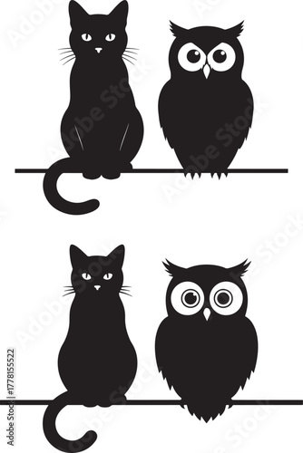 Two black cat and two owl silhouettes on a branch silhouette