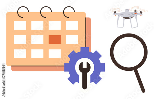Calendar with highlighted date, gear and wrench for maintenance, quadcopter for innovation, magnifying glass for analysis. Ideal for scheduling, technology, aviation, research, productivity