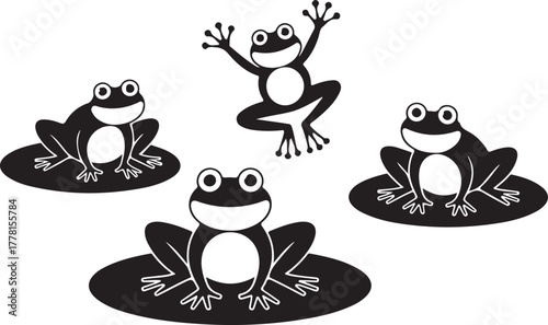 Four black silhouette frogs on lily pads one jumping with joy white