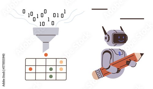 Robot with pencil processes binary data through funnel to table of outputs for analytics, coding, and automation. Ideal for AI, data analysis, programming, artificial intelligence, technology