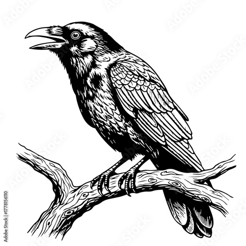 A detailed black and white illustration of a raven perched on a branch, its beak open as if in mid-call