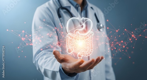 Doctor holding a glowing digital representation of the digestive system
