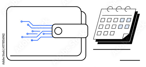 Digital wallet with circuit-inspired design beside a calendar. Ideal for financial management, digital currency, budgeting, fintech, calendar planning, expense tracking, and savings. Simple flat