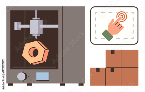 3D printer crafting geometric shape, finger tapping touchscreen, and stacked storage boxes. Ideal for technology, manufacturing, logistics, automation, industry design innovation. Clean flat