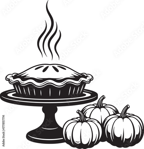Warm apple pie on a cake stand with pumpkins silhouette