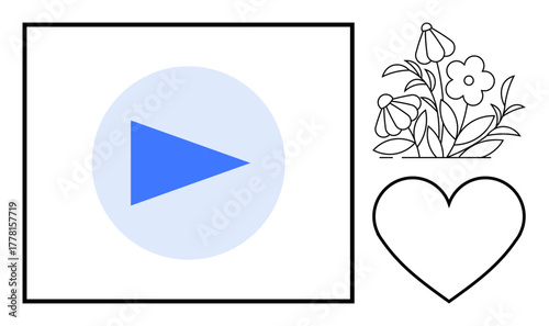 Blue play button in a square, delicate floral line art, and minimalist heart outline. Ideal for multimedia, nature, love, creativity, simplicity calm art. Modern flat metaphor