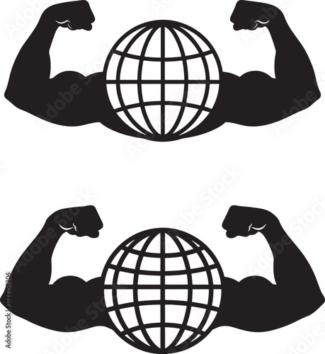 Two black silhouettes of flexing biceps holding a globe