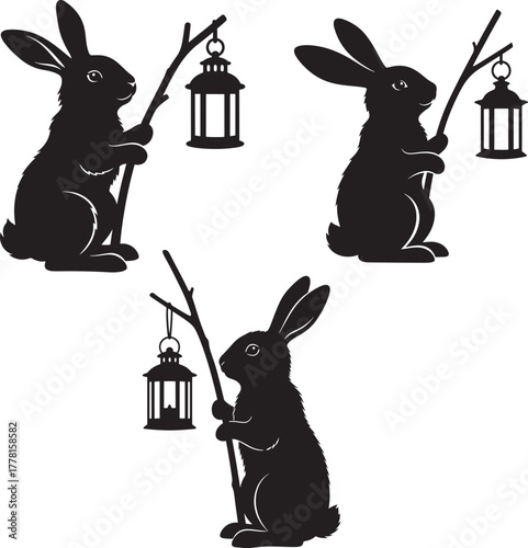 Three rabbit silhouettes holding lanterns on branches