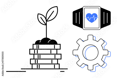 Plant sprouting on stacked coins, smartwatch with heart monitor, and a gear representing growth, technology, and health. Ideal for finance, sustainability, health tech, innovation productivity
