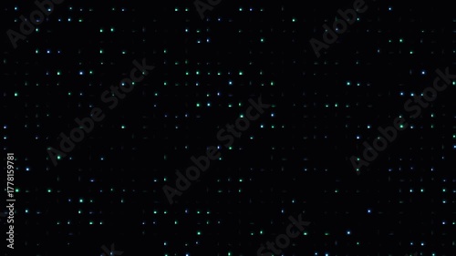 Extremely dark, slow-moving visual of the deep sea abyssal zone with pulsing spots of light from bioluminescent organisms. 